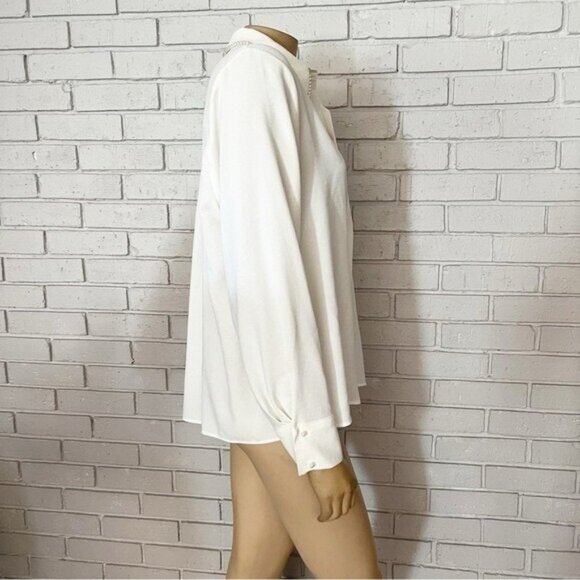 Zara White Pearl Lapel Crepe Shirt NWT Size L • Hidden Buttons • Elegant Blouse - Picture 7 of 9